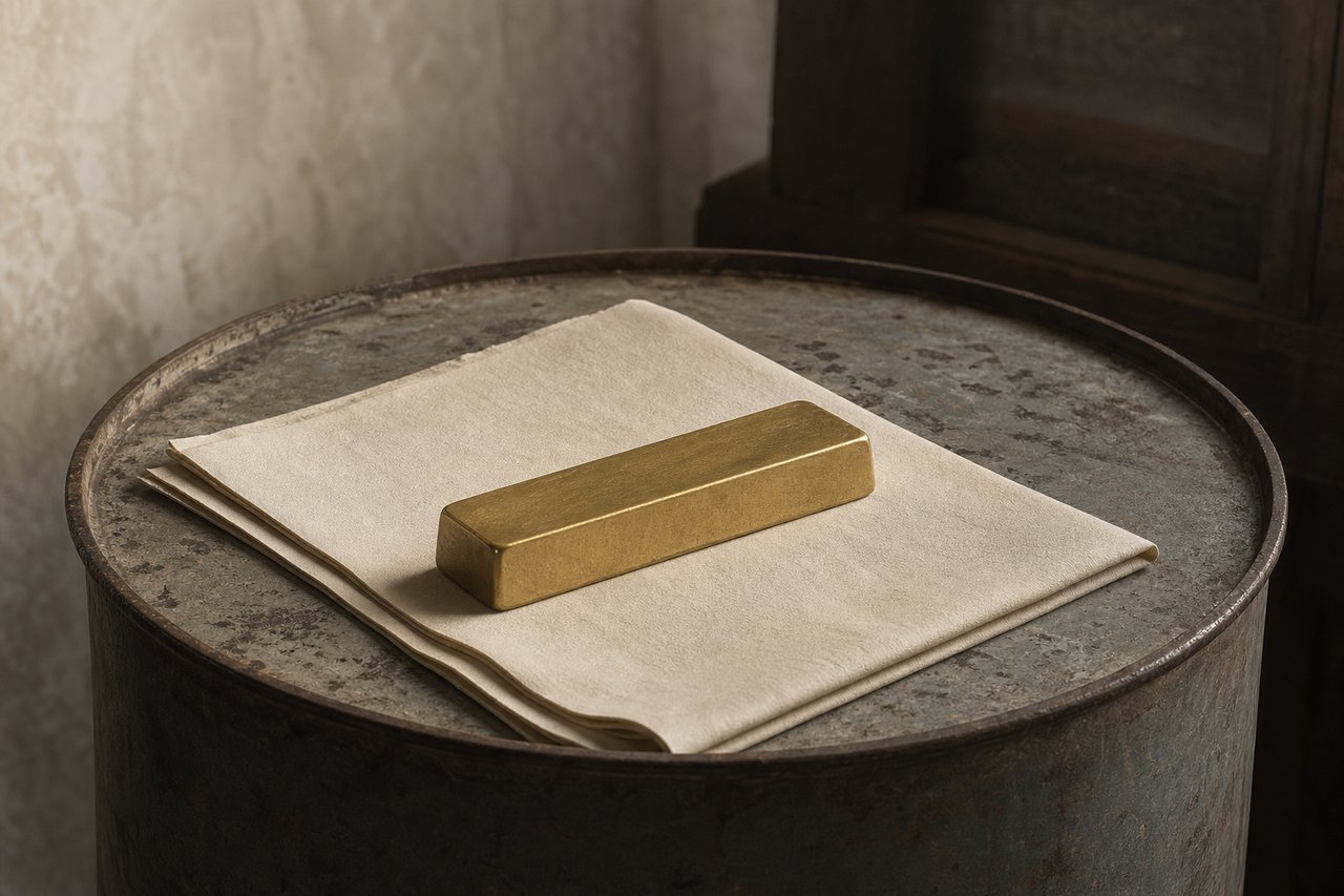 A battered steel oil-drum lid used as a surface, one matte gold bar resting on it over a folded cream document, in dim warehouse light
