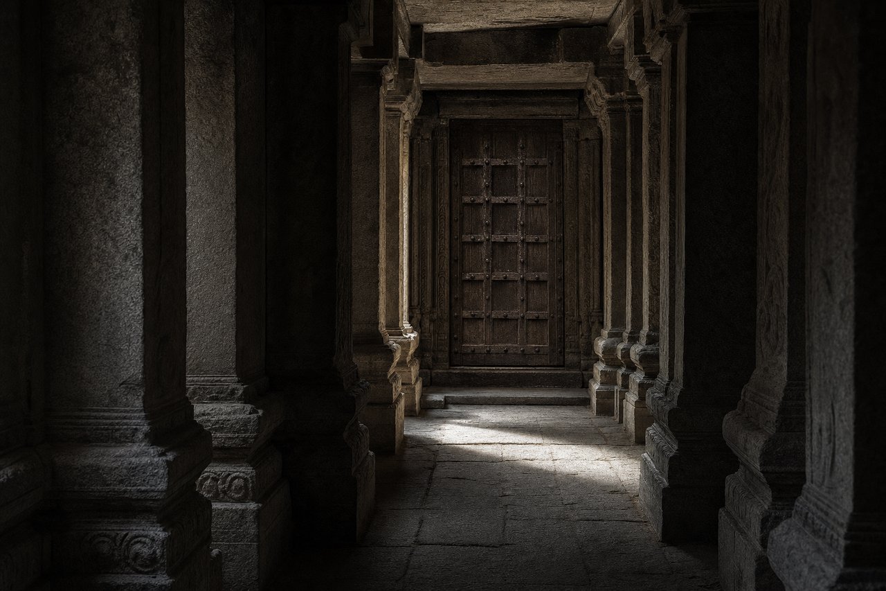 A dim granite corridor inside an old South Indian temple, massive carved stone pillars receding toward a heavy iron-bound wooden door
