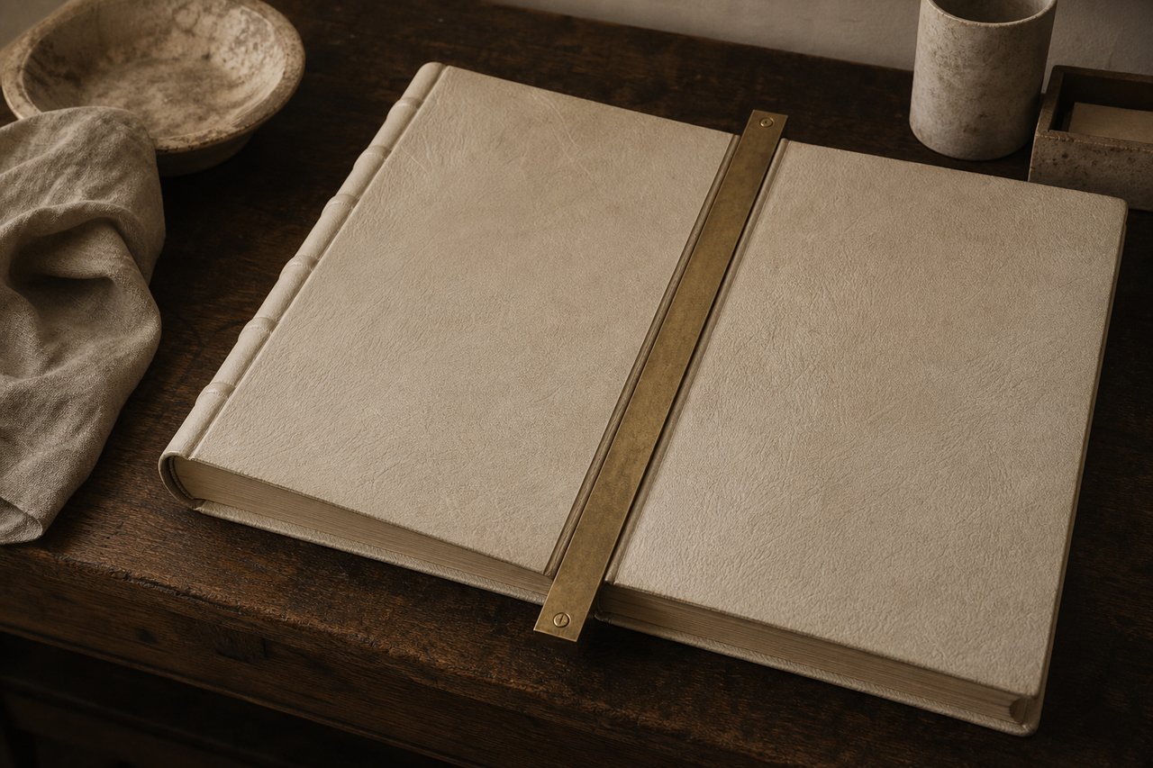 Two large leather-bound ledgers laid side by side and slightly overlapping on a dark walnut table, a brass rule across the join