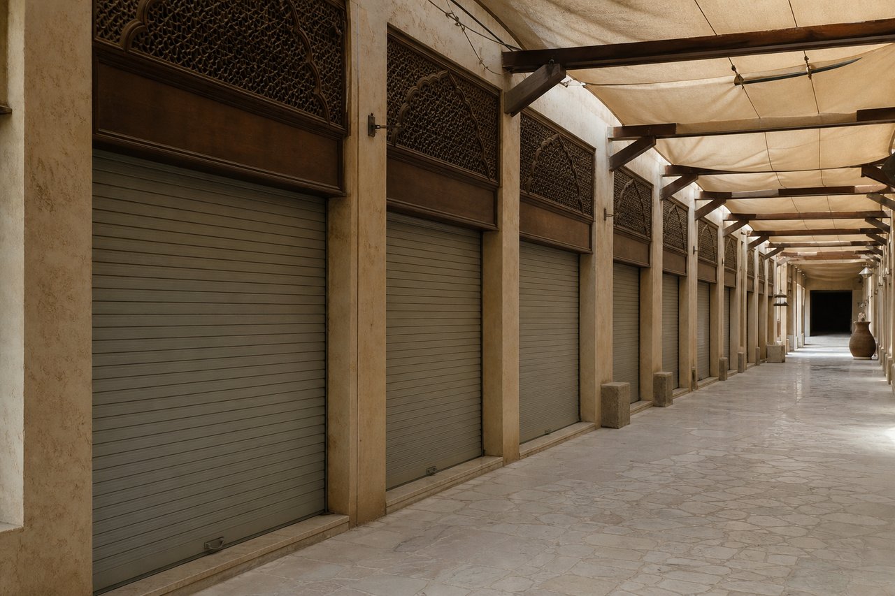 A narrow covered market arcade at midday with a row of small goldsmith shopfronts all closed behind plain roller shutters over a pale stone floor