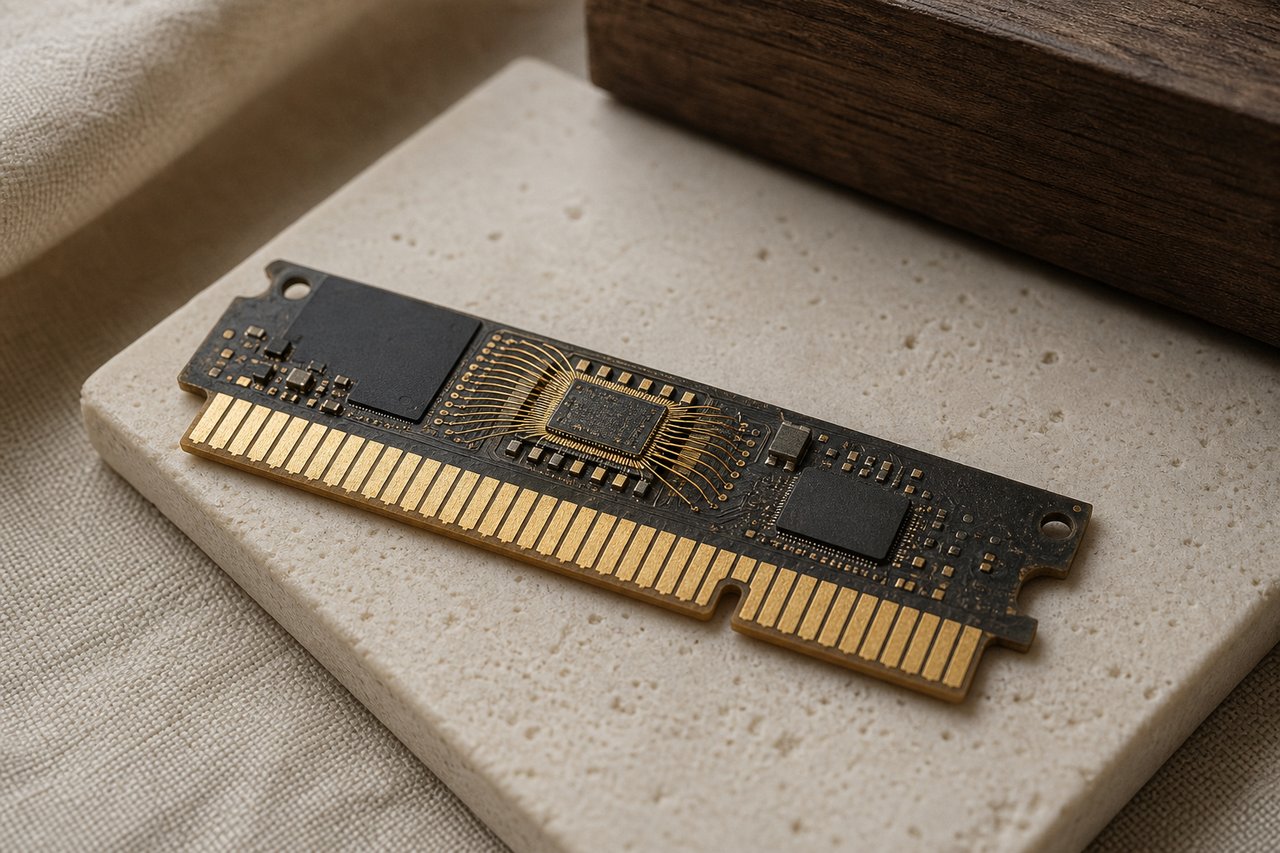 Macro view of the gold-plated edge connector and fine gold bond wires of a stripped circuit board on a bone ceramic tile