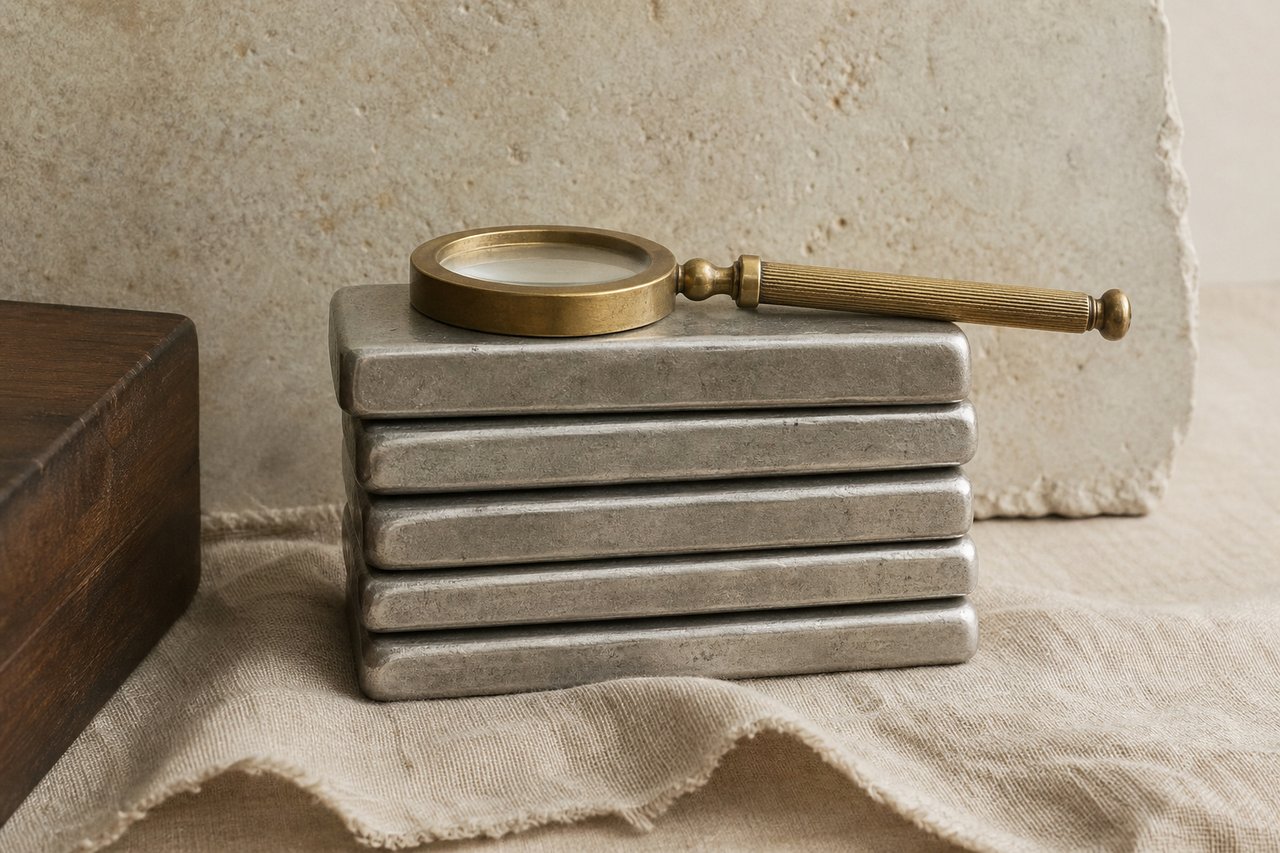 A neat stack of six dull silver bars on oatmeal linen with a brass magnifying loupe laid across the top bar