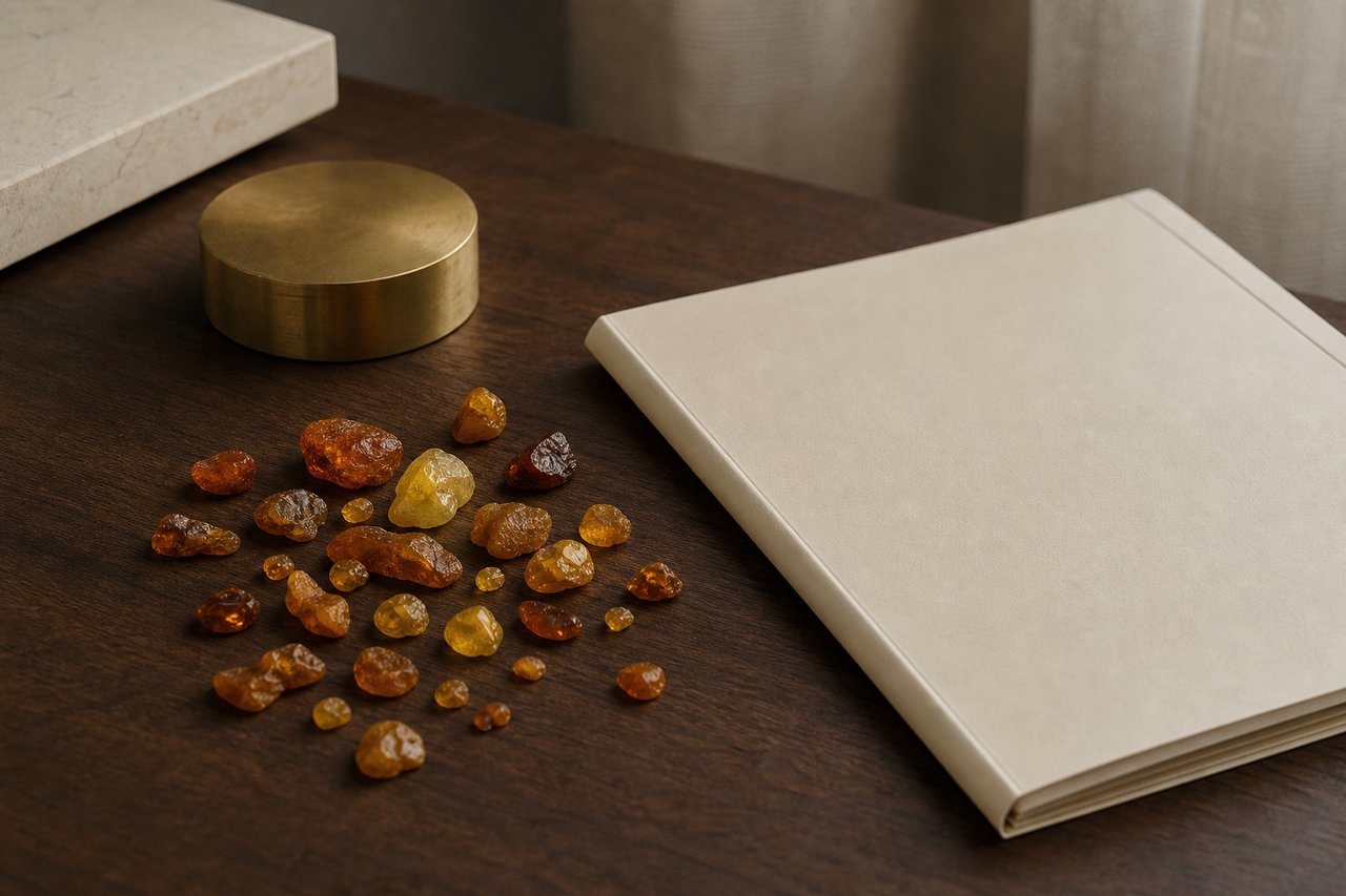A scatter of raw Baltic amber pieces on a bare walnut desk beside a closed cream document folder and a brass paperweight