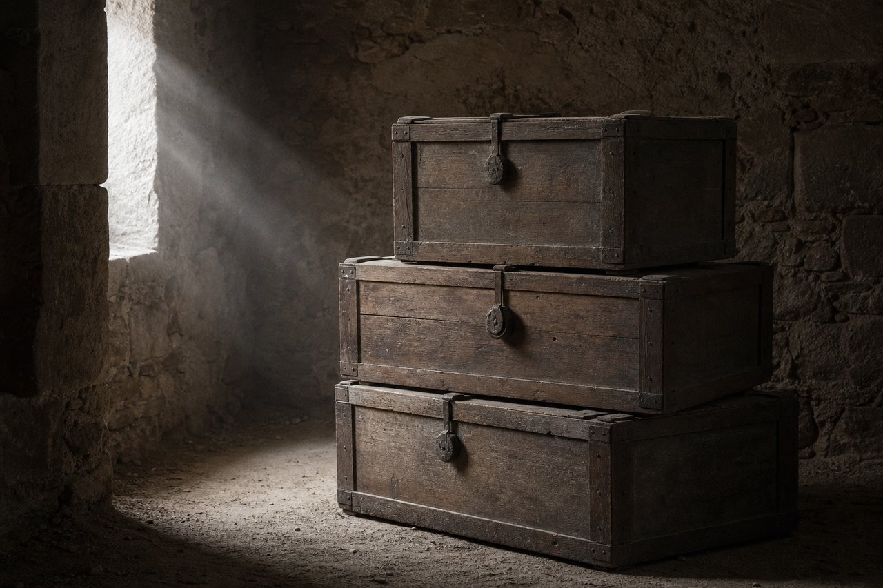 Three old wooden shipping crates with iron banding and lead seals stacked in a dim stone storeroom under thick dust