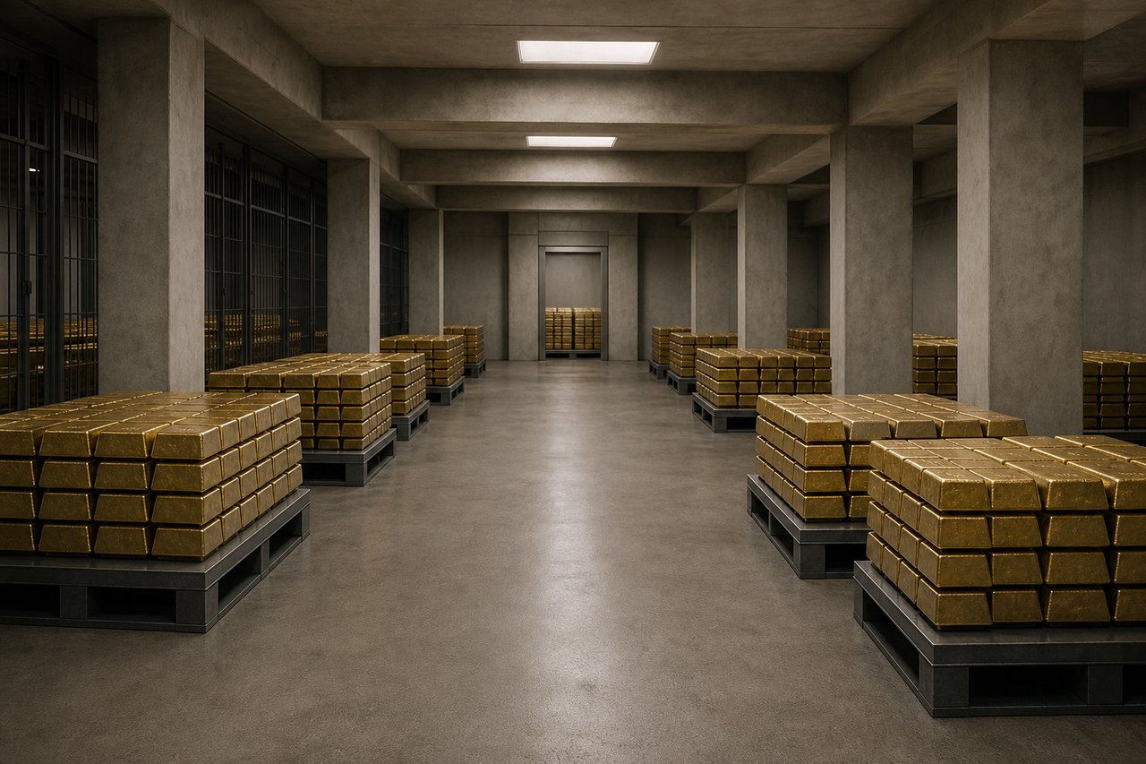 A central-bank strongroom interior with low steel pallets carrying evenly stacked matte gold bars under flat institutional light