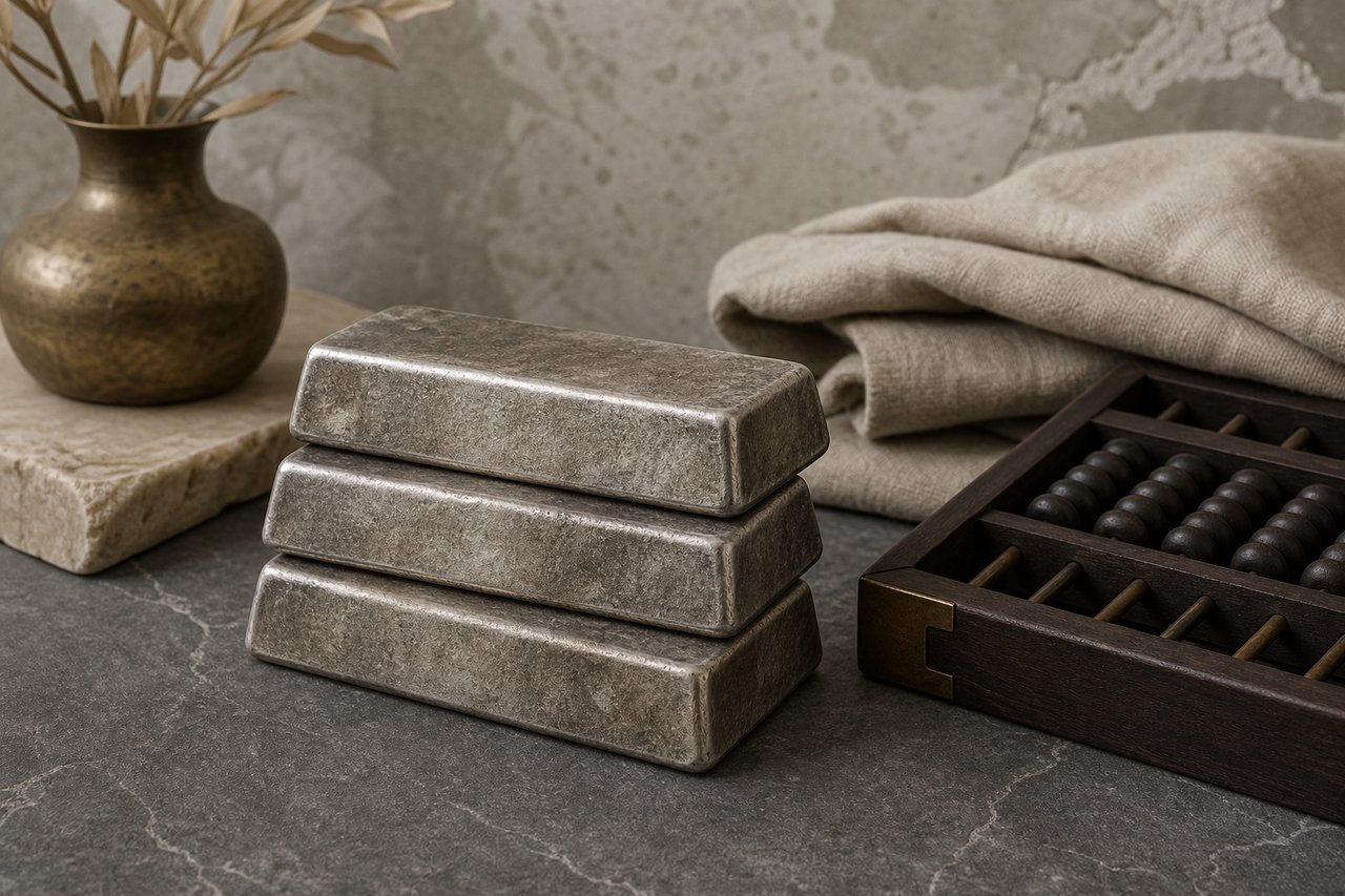 Four dull satin-patina silver ingots stacked beside a dark wooden abacus on a slate-grey stone counter