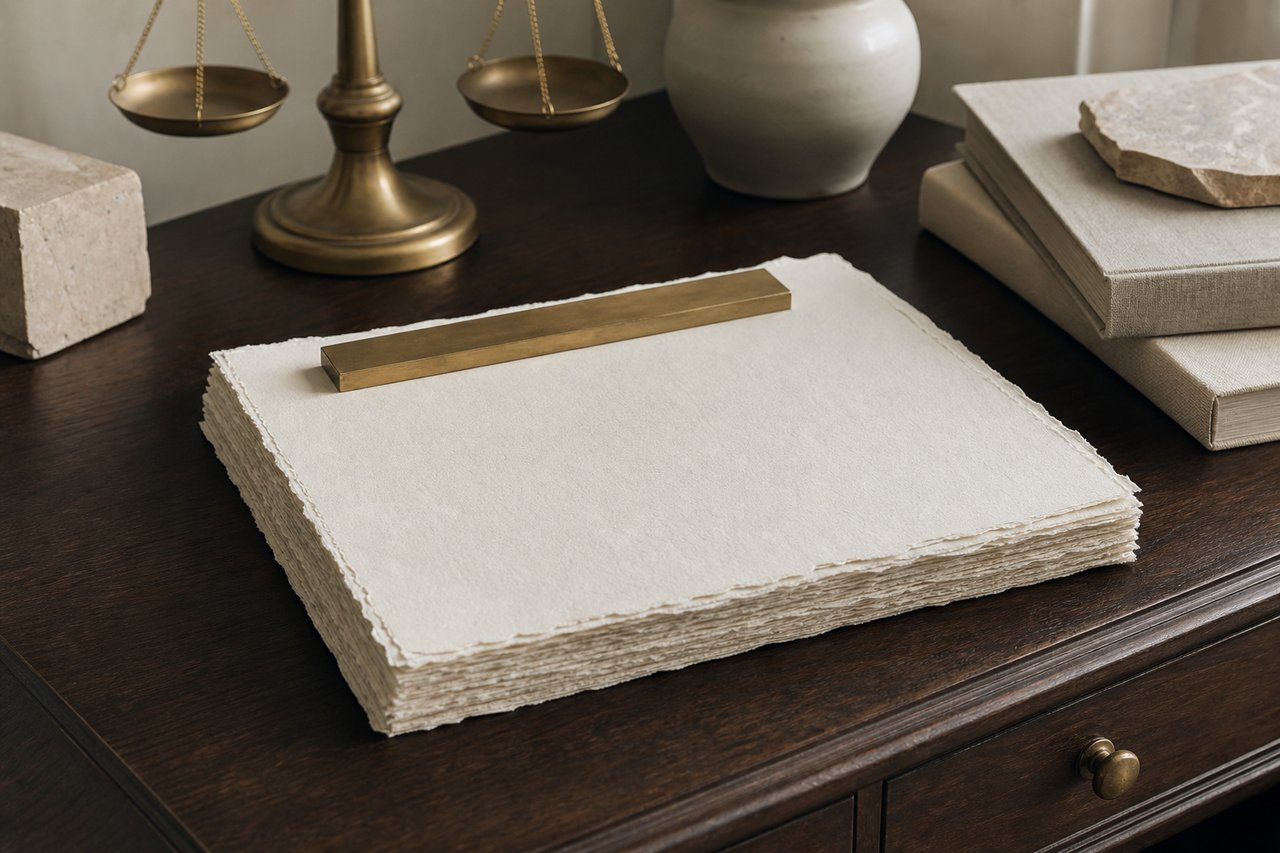 A small stack of heavy blank cream certificate paper with a deckle edge on a dark walnut desk, held down by a matte gold bar