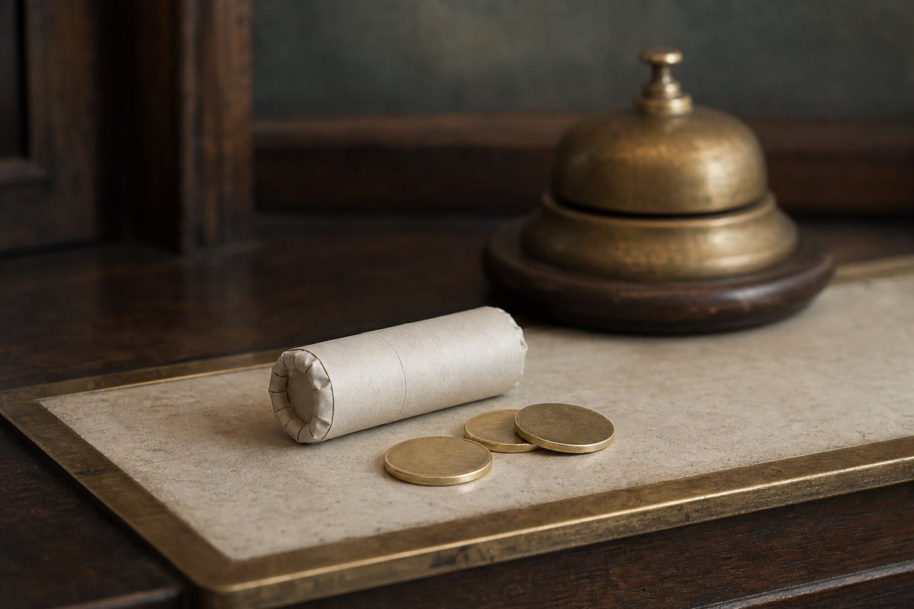 A paper coin roll on a worn bank counter of dark wood and brass, a few plain gold bullion coins beside it