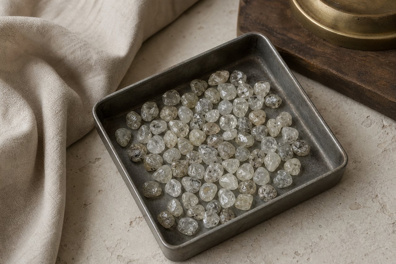 Several dozen rough uncut diamond crystals of mixed size spread in a shallow dull steel sorting tray on a pale limestone bench