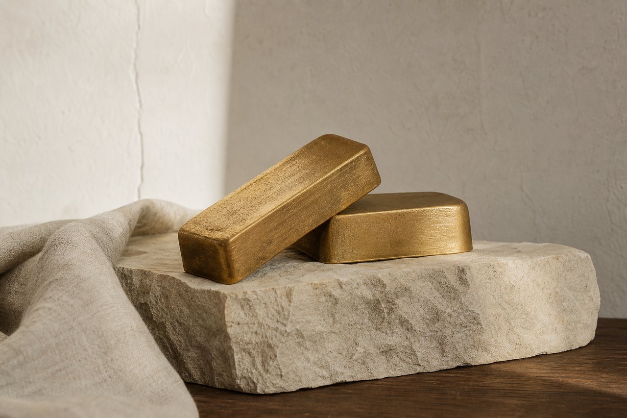 Two matte cast gold bars standing on a rough-sawn block of pale Texas limestone against a plain warm plaster wall