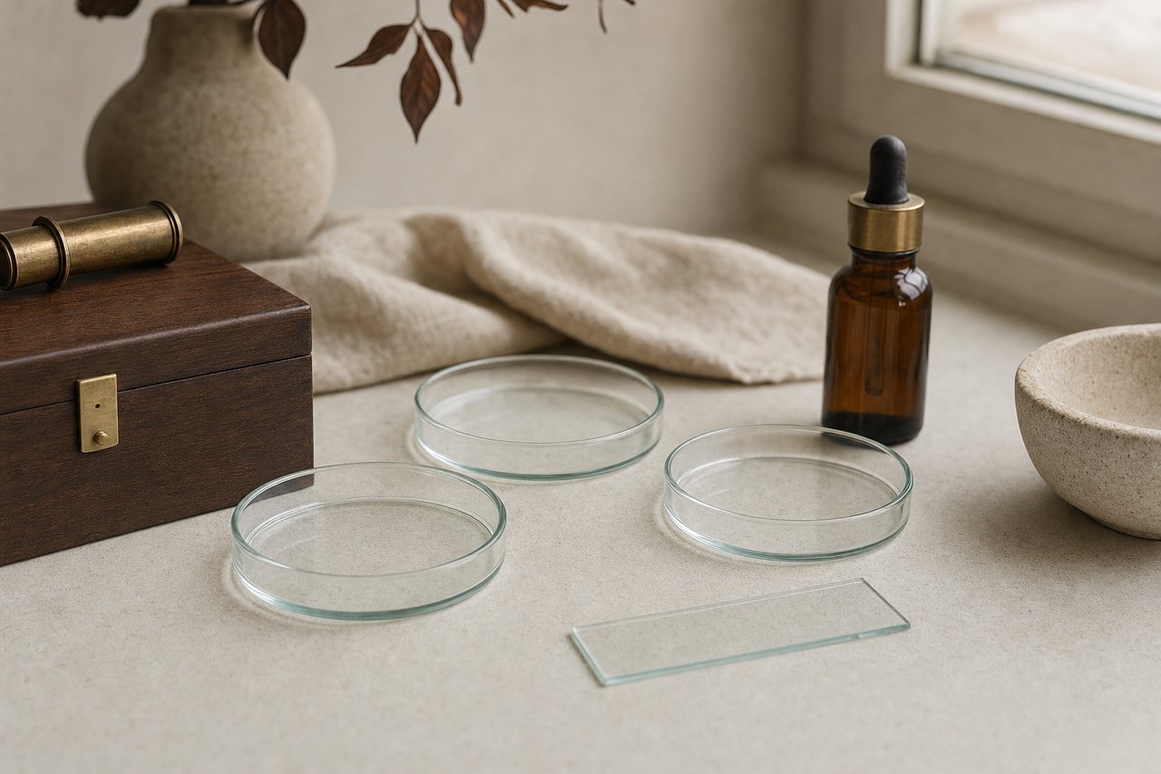 Three glass petri dishes and a single glass microscope slide arranged on a pale laboratory bench beside a stoppered amber dropper bottle