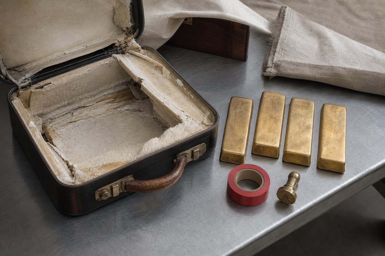 A scuffed steel customs inspection table with an opened hard suitcase, its lining peeled back, four flat matte gold bars laid out beside it