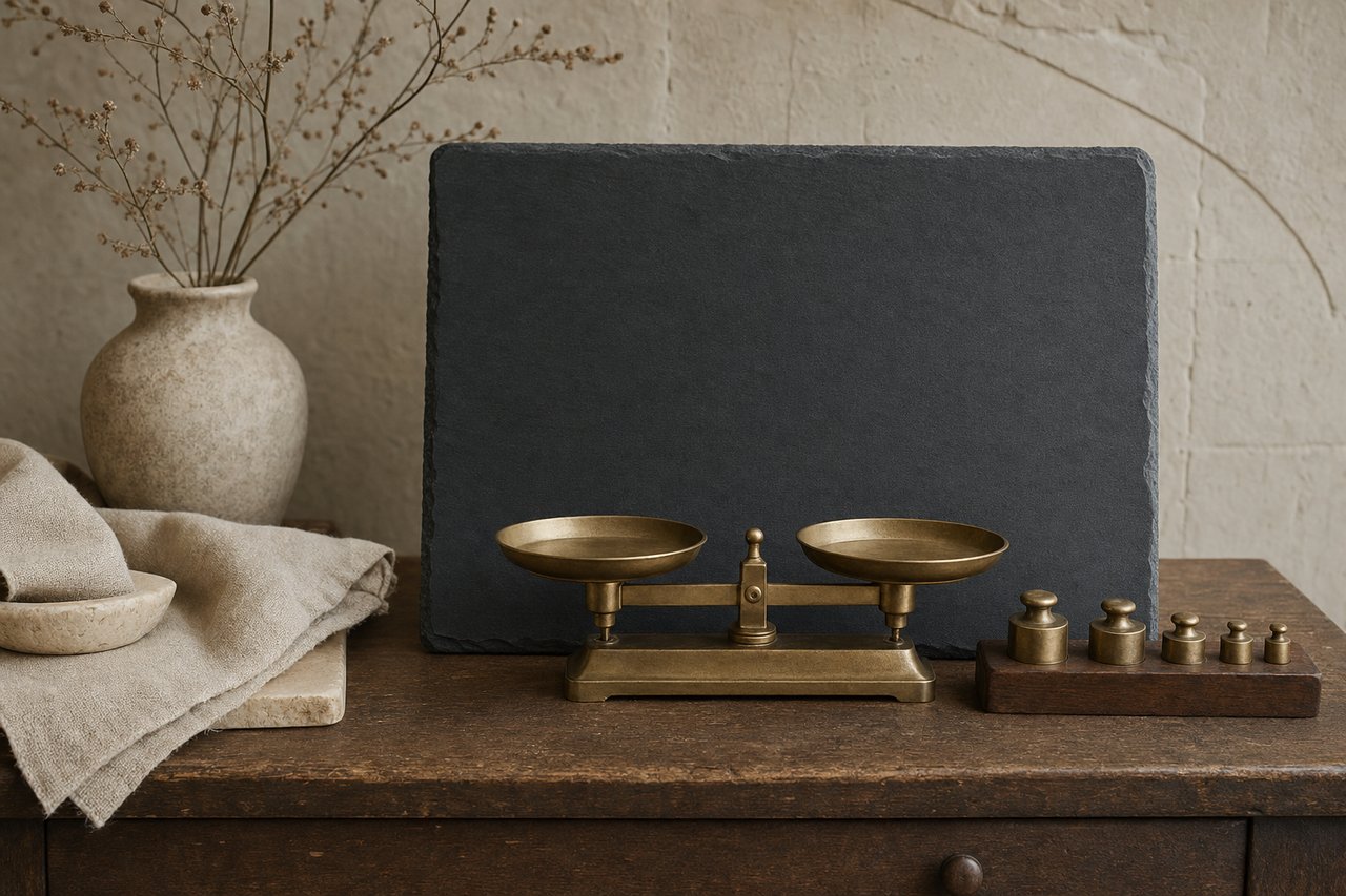 A blank dark slate board propped behind a brass two-pan balance and a set of brass calibration weights on a worn wooden jeweller’s counter