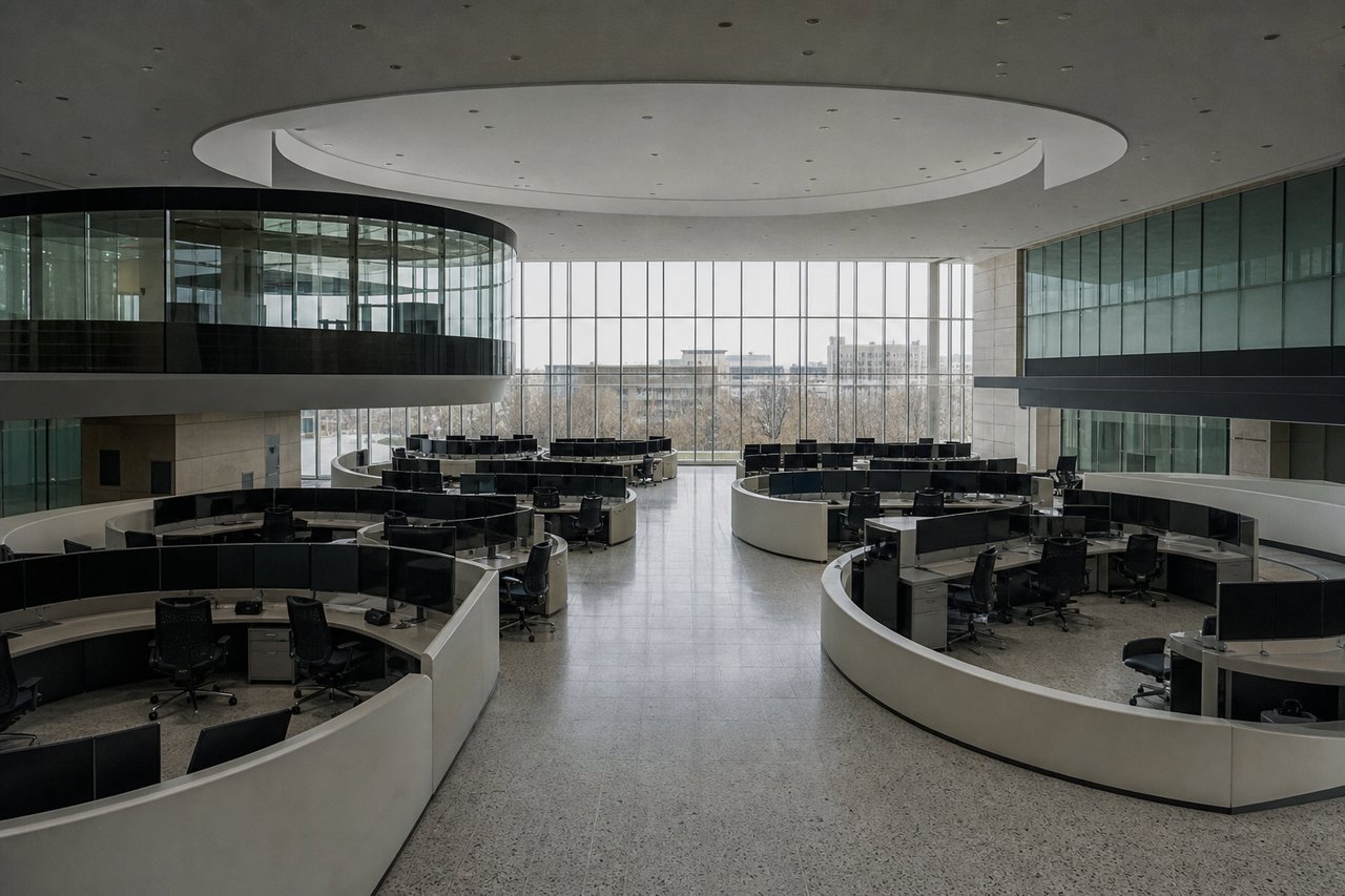 A large empty exchange trading hall with rows of vacant desks and dark switched-off screens, lit by cold daylight from a high glazed wall