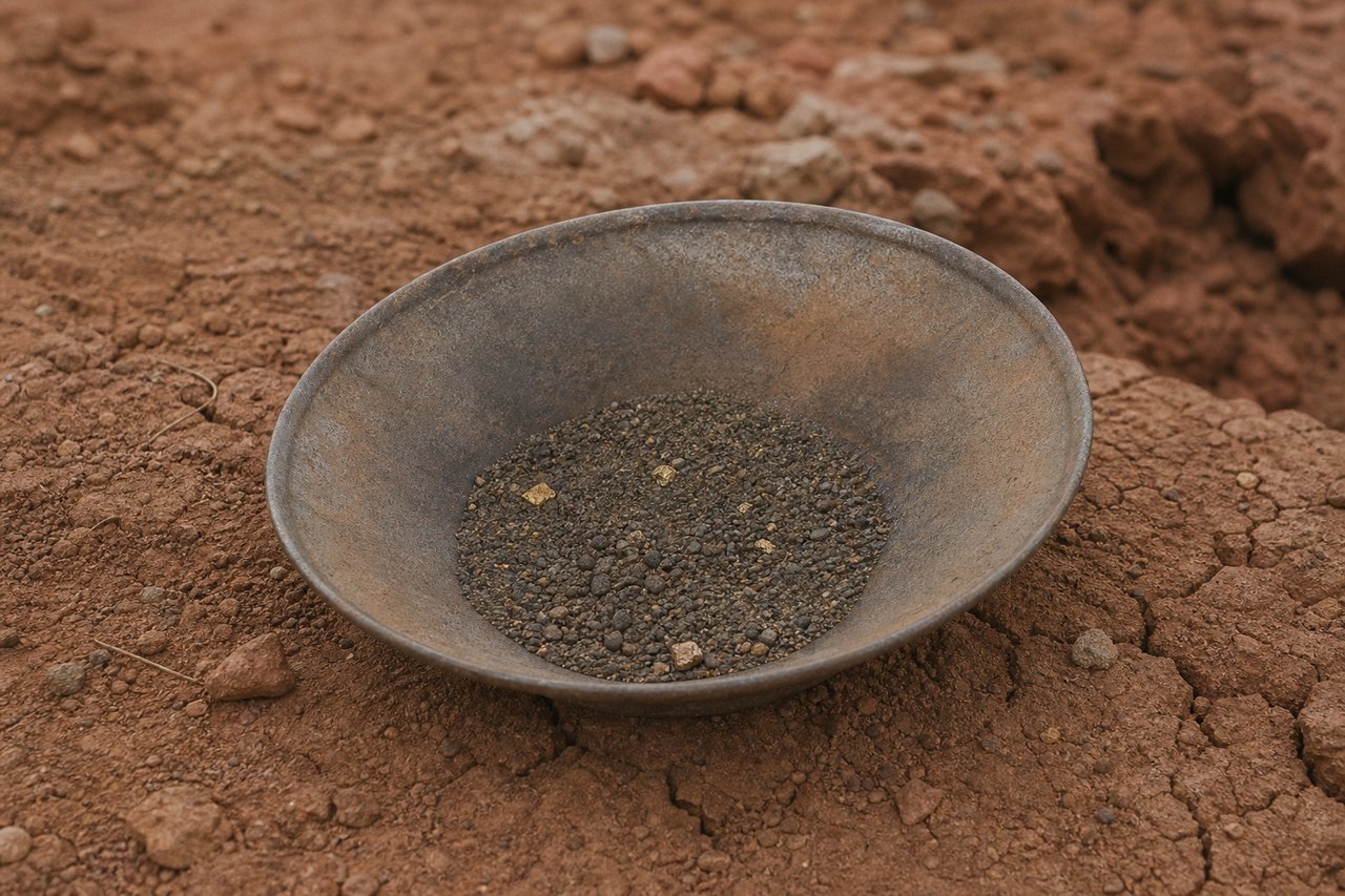 A shallow metal prospecting pan holding coarse dark sand and a few dull gold flakes on cracked red laterite ground