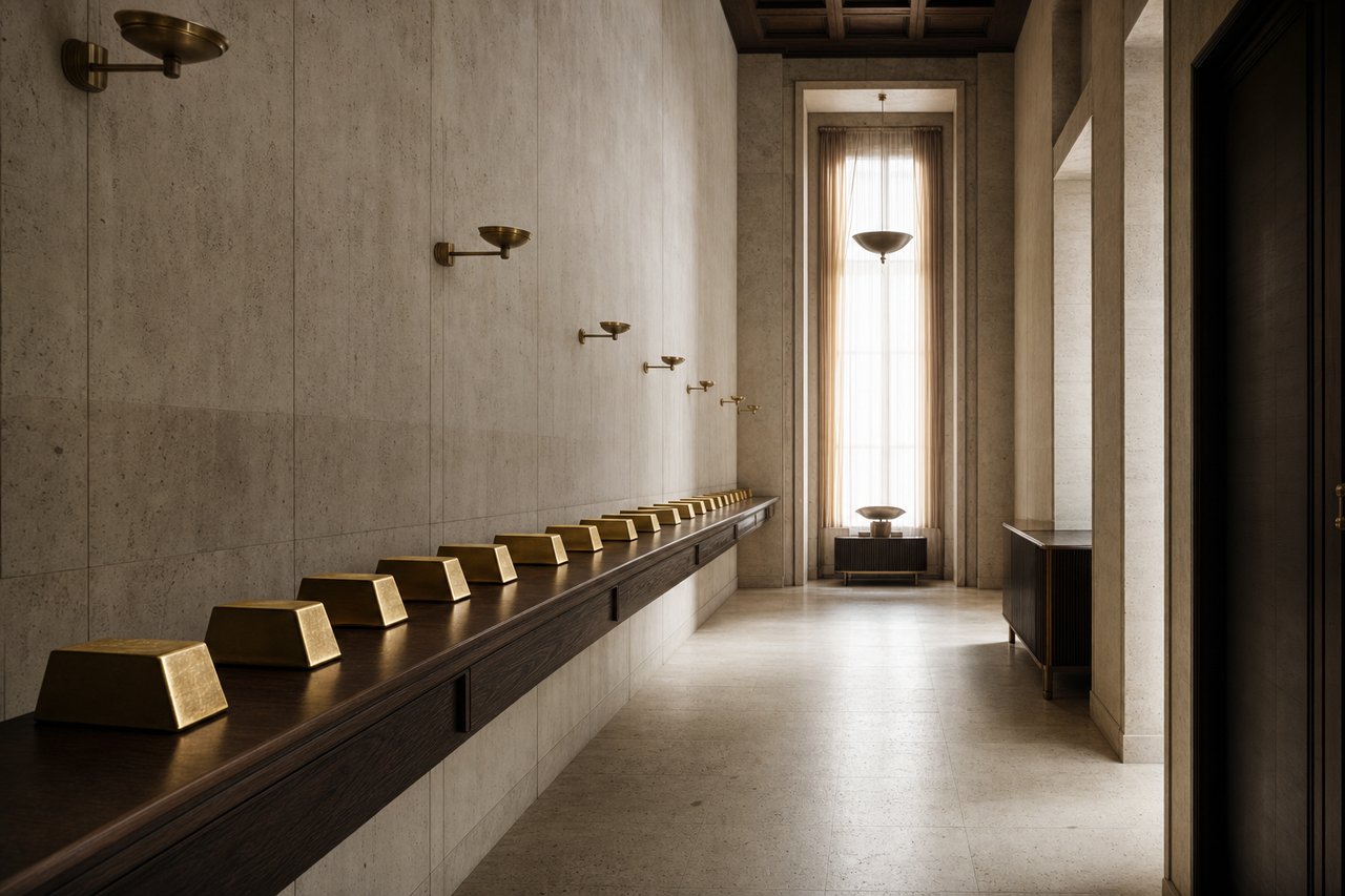 A long narrow bullion room in a private bank, pale travertine walls and a continuous dark-walnut shelf carrying evenly spaced matte gold bars, daylight raking in from a tall window at the far end