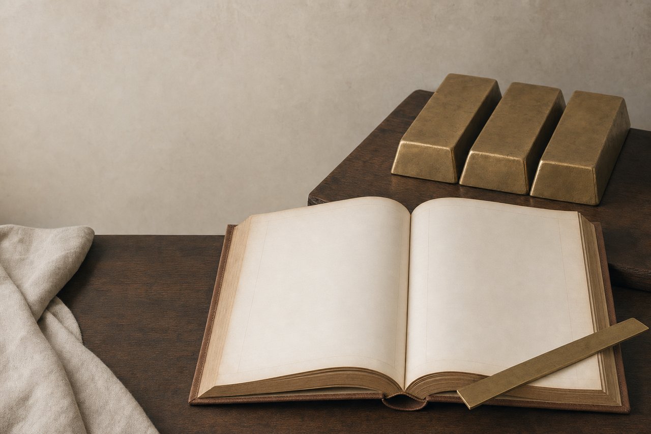 An open leather-bound ledger with blank cream pages on a dark walnut counter, three matte cast gold bars softly out of focus behind it
