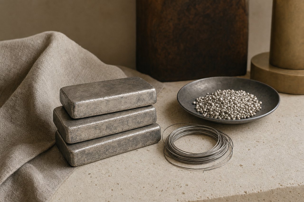 Three plain cast silver bars with a dull grey patina stacked on a pale limestone bench, beside a loose coil of fine silver wire and a dark steel dish holding silver granules
