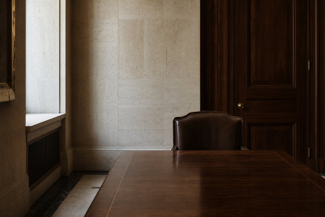 The corner of an austere old-world boardroom with a long dark walnut table, one empty leather chair and a pale travertine wall lit from the left