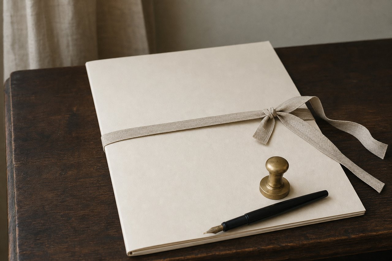 A closed blank cream document folder tied shut with flat linen tape on a dark walnut table, a plain brass seal and a black fountain pen across the corner