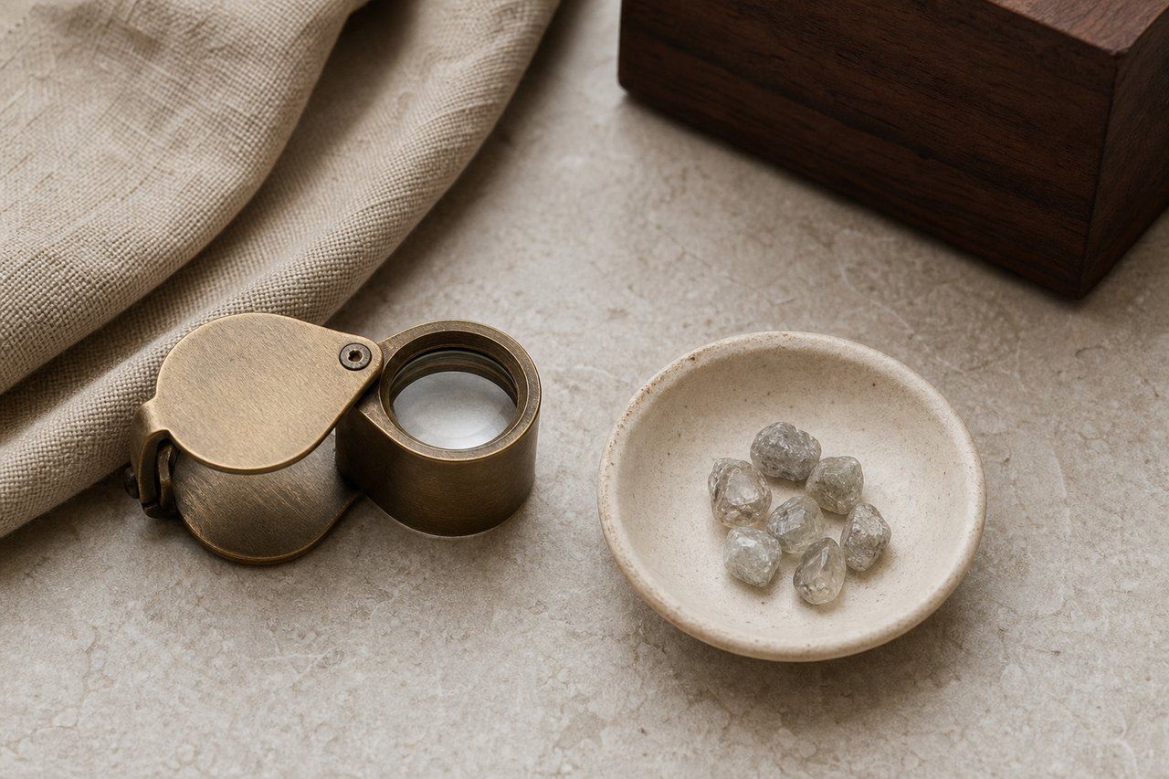 A jeweller's brass loupe beside a shallow bone-coloured ceramic dish holding a few rough uncut diamond crystals on pale limestone