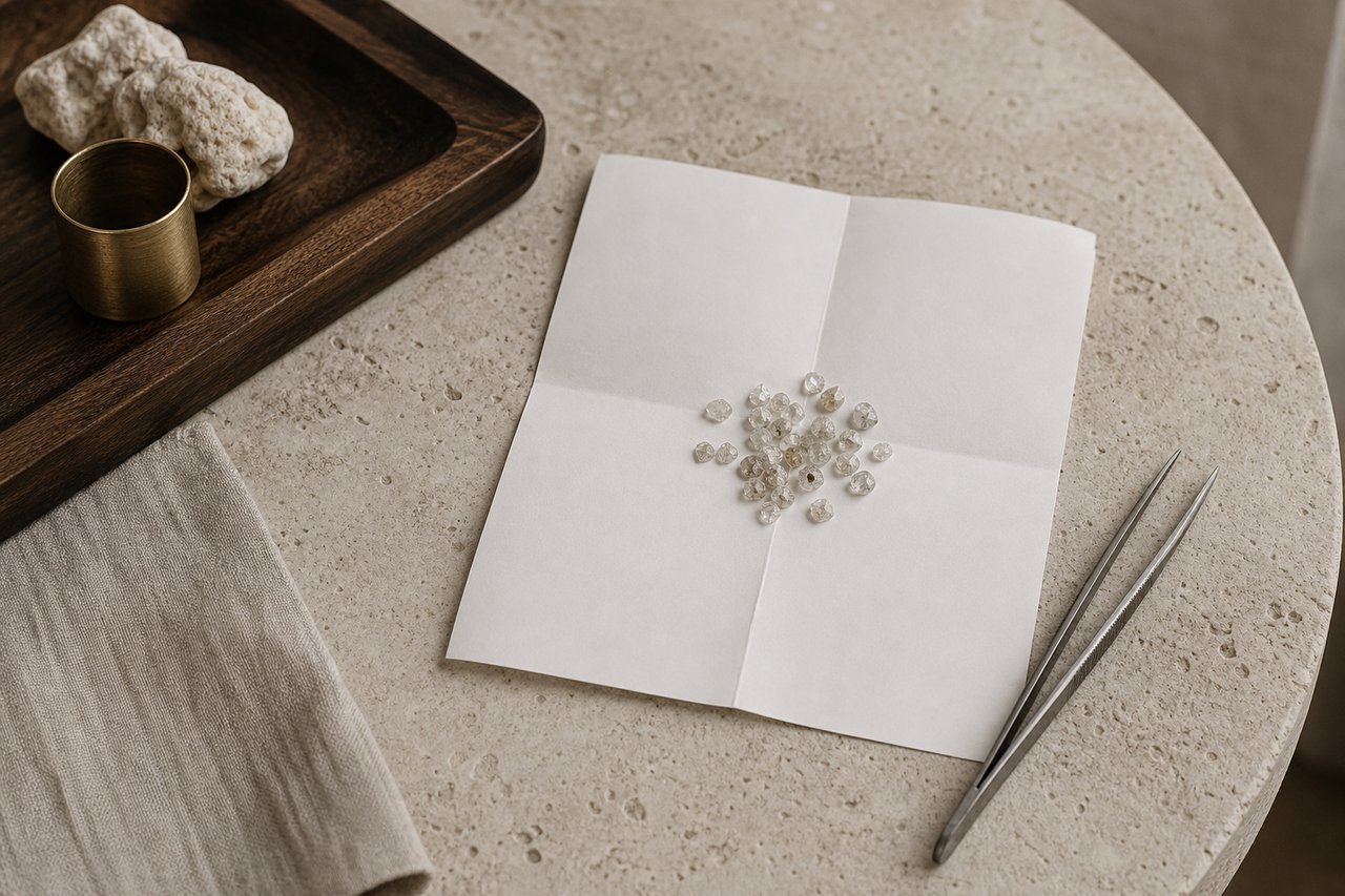 A folded square of blank white paper opened flat on a round pale stone table holding a scatter of rough uncut diamond crystals, steel sorting tweezers beside it