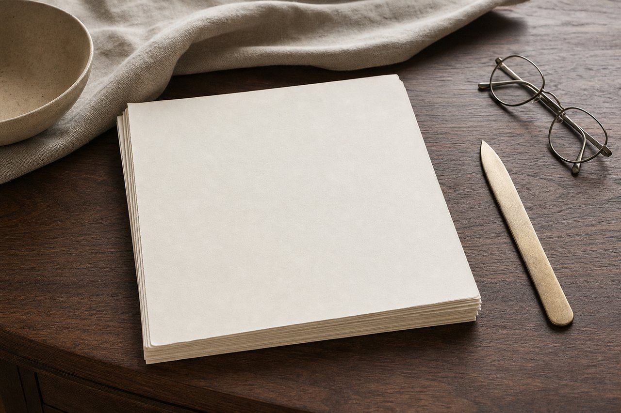 A stack of loose blank cream paper sheets squared up on a dark walnut desk beside a brass paper knife and a folded pair of reading glasses