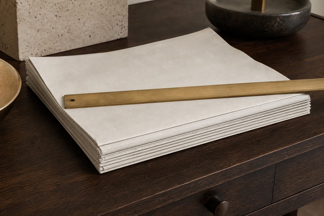 A squared stack of blank unprinted sheets on a dark walnut desk, a long brass rule laid across the top sheet