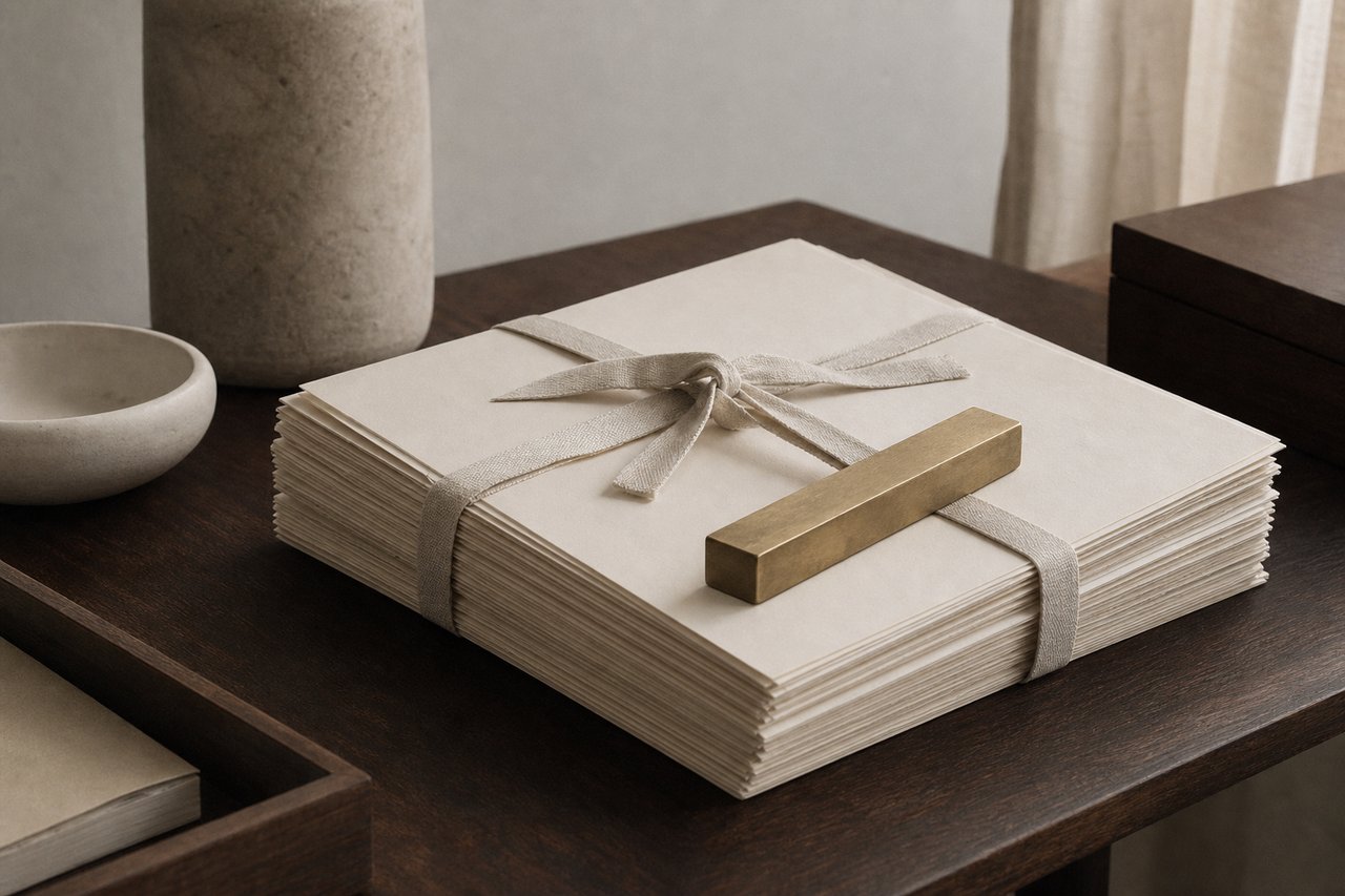 A stack of plain cream document folders tied with linen tape on a dark walnut desk, a single matte gold bar acting as a paperweight on top