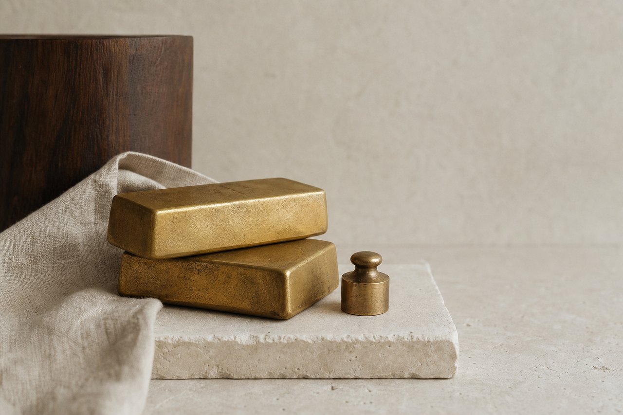 Two matte cast gold bars stacked slightly askew on a pale honed limestone slab with a single brass assay weight beside them