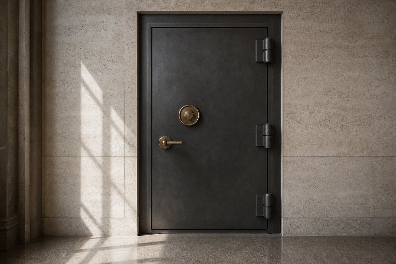 A closed dark steel strongroom door set into a pale travertine wall, with a plain brushed-brass dial and handle, lit from one side