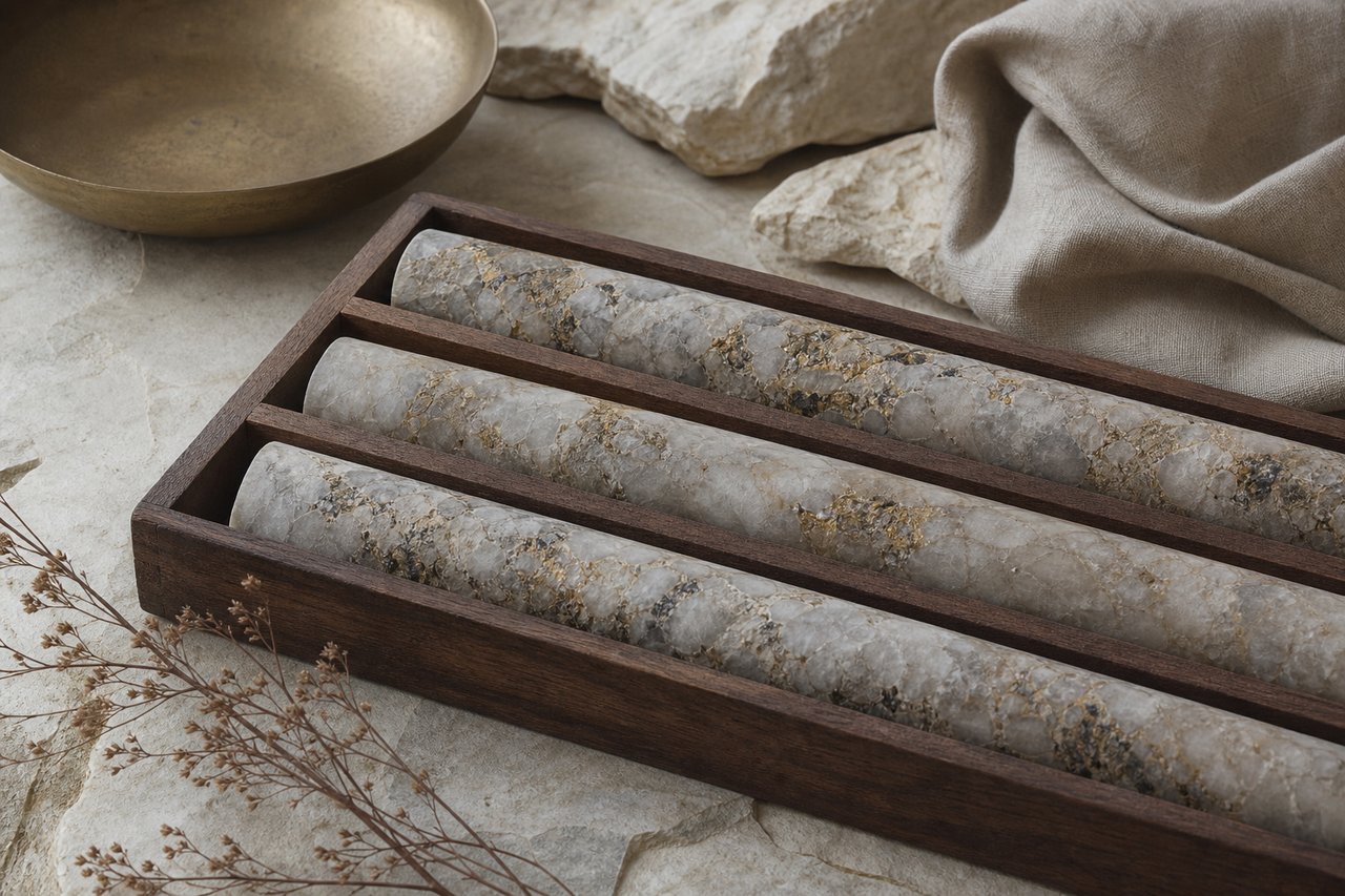 Three cylindrical rock drill cores of pale quartz-veined ore laid parallel in a shallow wooden core tray on a limestone bench