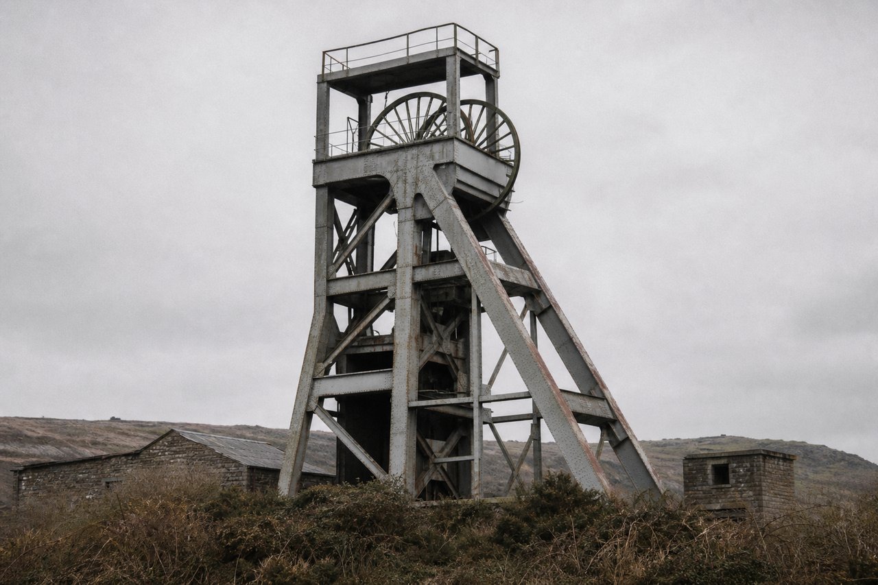 The winding headframe of an old deep-shaft mine standing against a flat overcast sky, its sheave wheel visible at the top