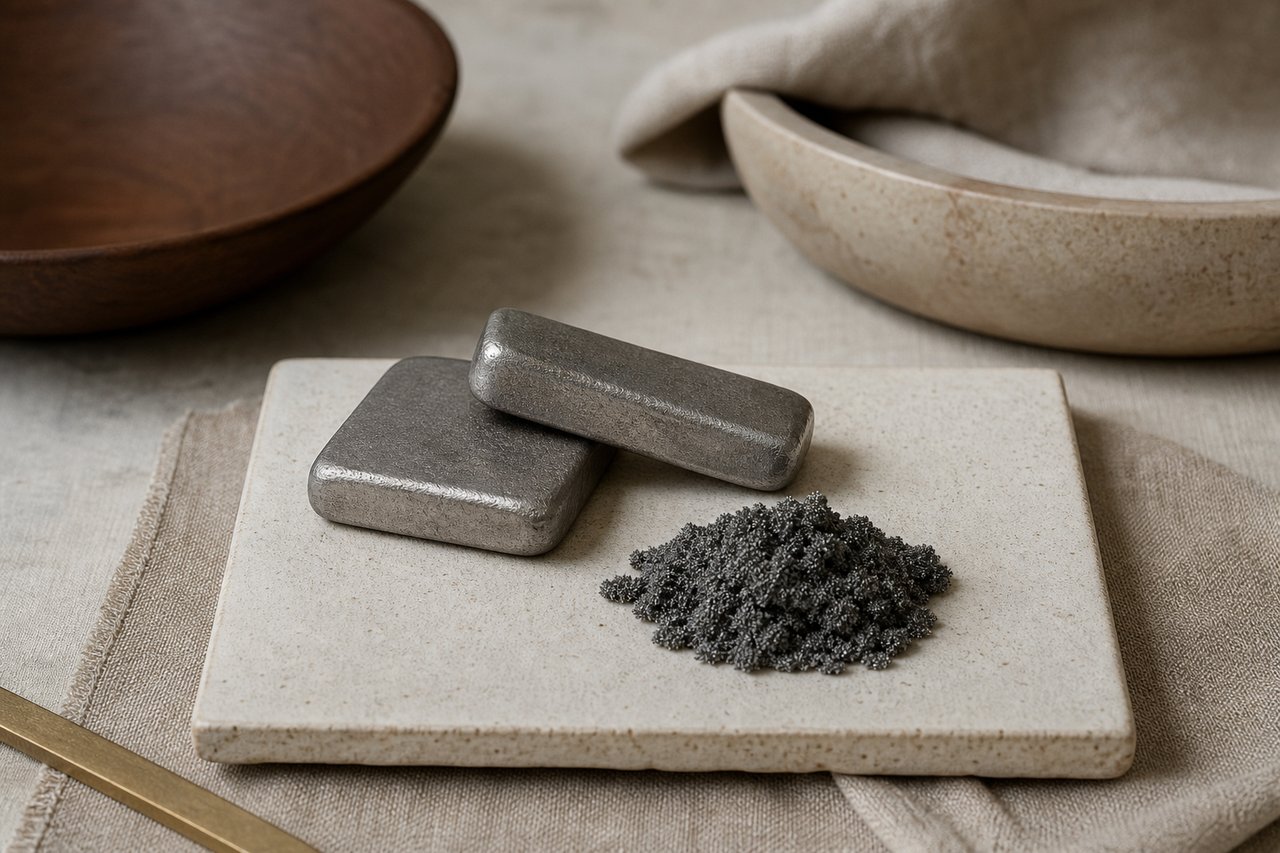 Two dull grey platinum ingots and a small heap of coarse platinum-group sponge powder on a bone ceramic tile in cool restrained light