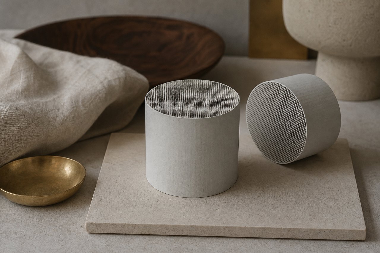 A bare pale grey ceramic honeycomb catalyst monolith standing on a bone ceramic tile, a second monolith lying on its side behind it
