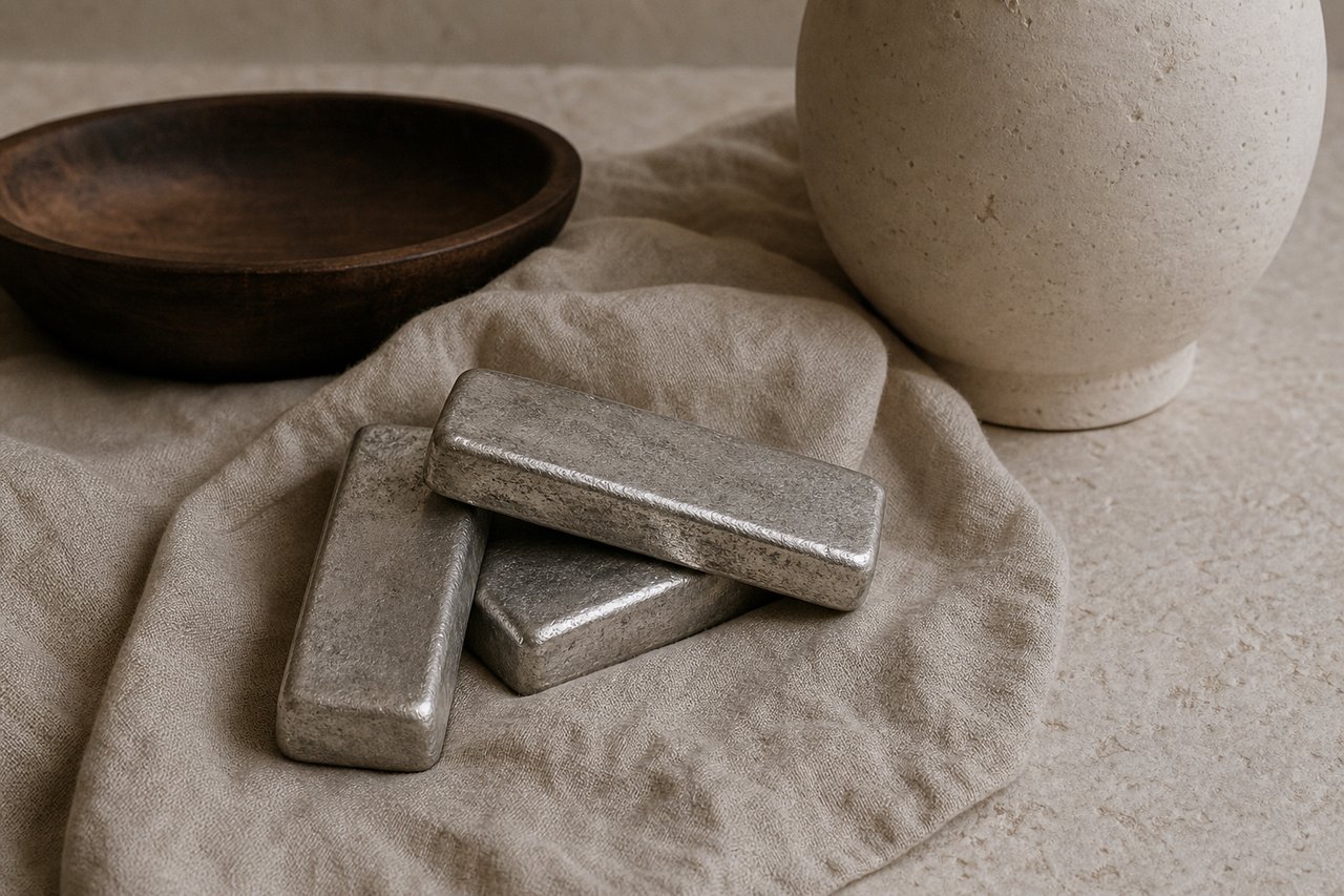 Three cast silver ingots with a soft satin patina resting on oatmeal linen over pale limestone in cool neutral light