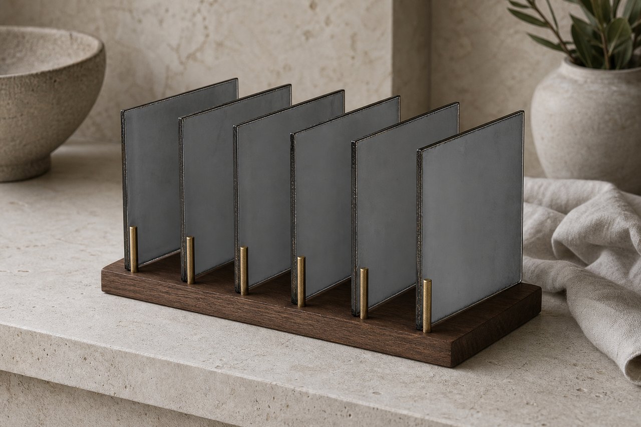 Six blank unexposed photographic glass plates standing upright in a plain wooden holder on a pale limestone bench in cool light