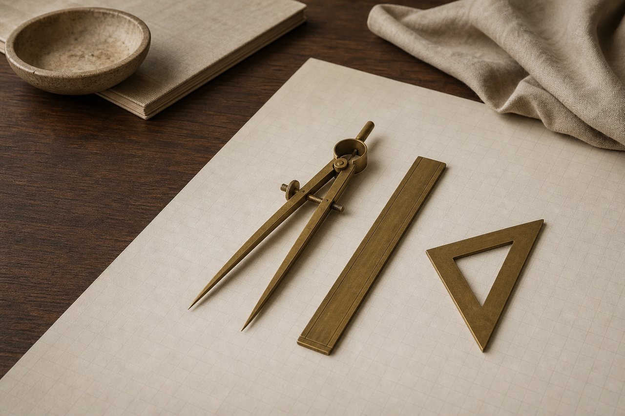 A set of brass drafting instruments, dividers, a scale rule and a small set square, arranged on a large sheet of blank pale graph-ruled paper on a walnut desk