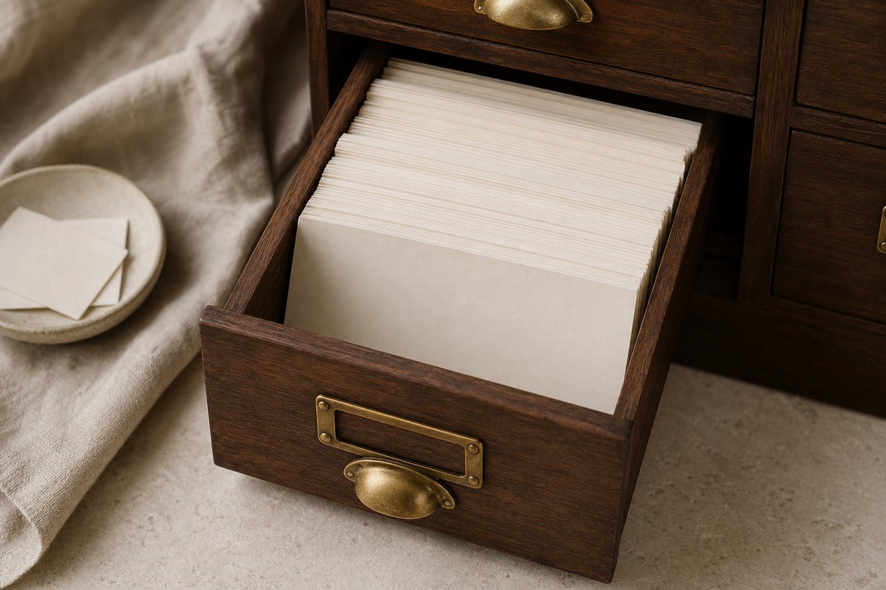 A shallow wooden drawer of a card-index cabinet pulled open, filled with tightly packed blank cream index cards seen from above, brass drawer pull catching the light