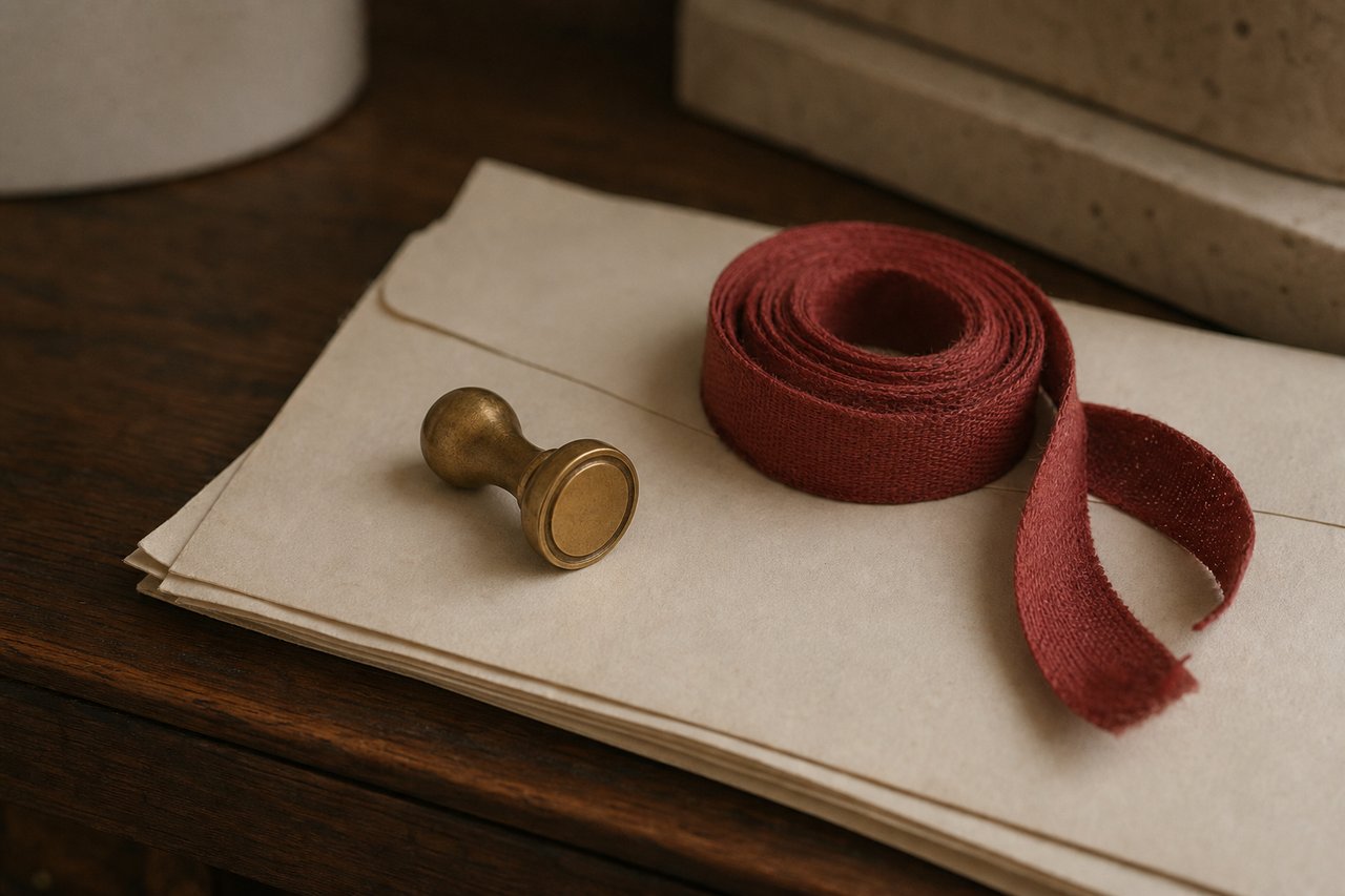 A small brass customs seal stamp and a coil of red linen tape resting on folded cream document paper on a dark walnut counter in warm restrained light