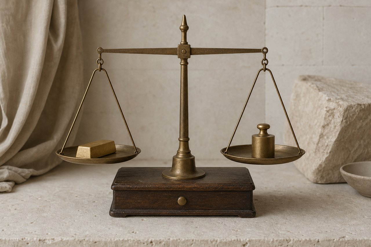 An antique two-pan brass balance scale in equilibrium on a pale limestone counter, a small matte gold ingot in one pan and a brass calibration weight in the other