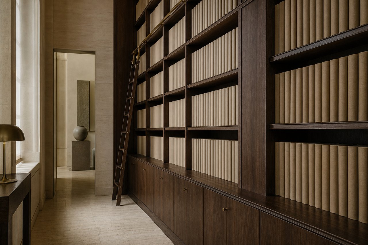 A wall of dark walnut archive shelving filled with uniform bone-coloured bound volumes seen slightly obliquely, daylight falling across the blank spines