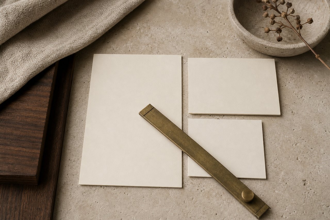 Three blank cream card-stock rectangles of different sizes laid out in a considered grid on pale limestone with a brass scale rule resting diagonally across them