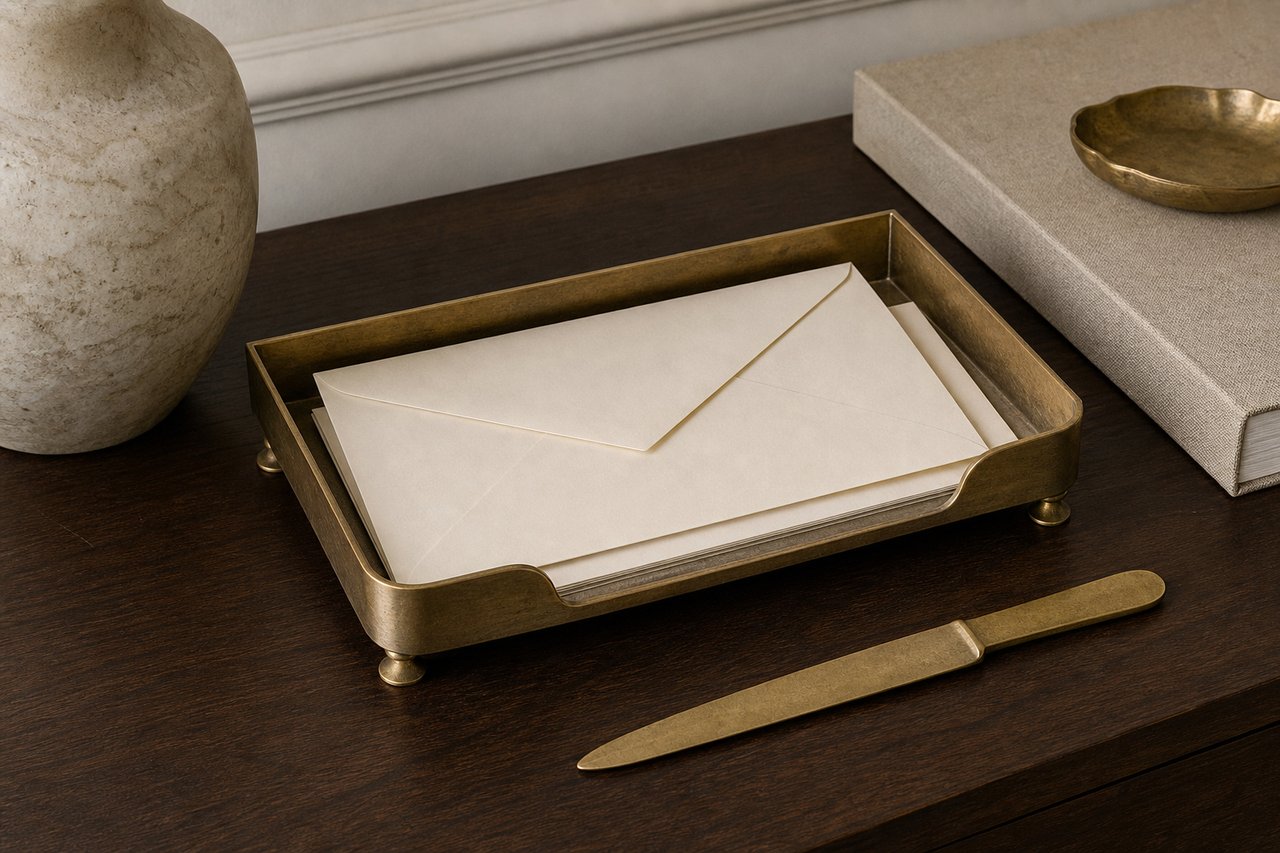A small brass letter tray on a dark walnut desk holding a few blank cream envelopes, with a brass paper knife alongside