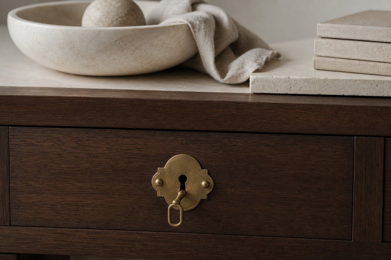 An aged brass cabinet lock plate and small key on a dark walnut drawer front in soft raking daylight