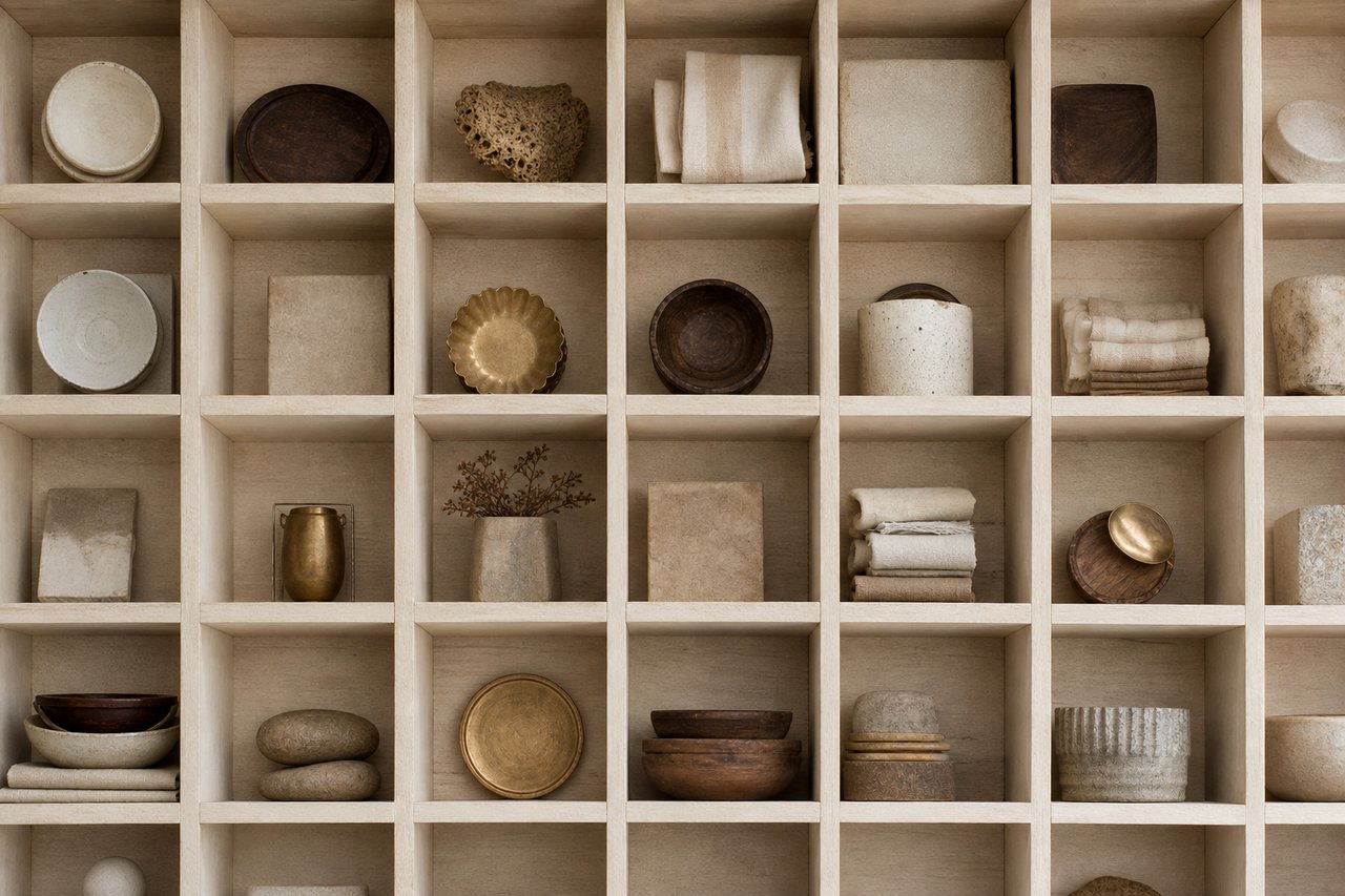 A bank of small square wooden pigeonhole compartments seen from directly above, empty and evenly ordered in pale bone timber under soft even daylight